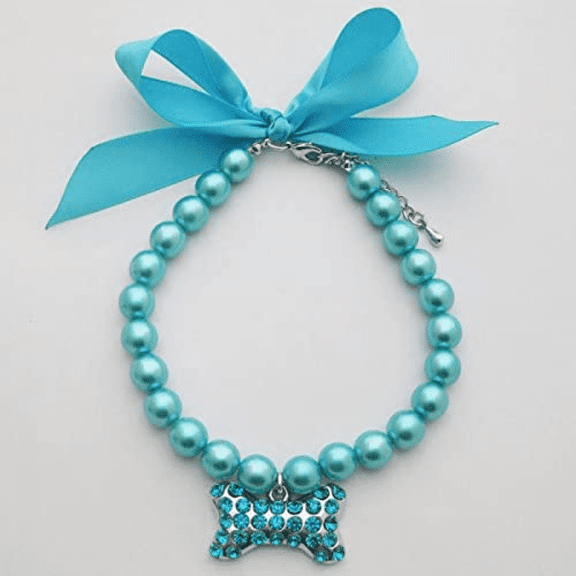 Designer Fancy Pearls Crystal Pet Cat Dog Necklace Jewelry with Bling Rhinestones Big Bone Charm for Pets Cats Small Dogs Female Puppy ，Blue，S
