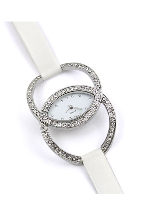 Designer Fashion Quartz Women's White Face Watch - Rhinestone Dual Circles Frame - WT-L80631/WT