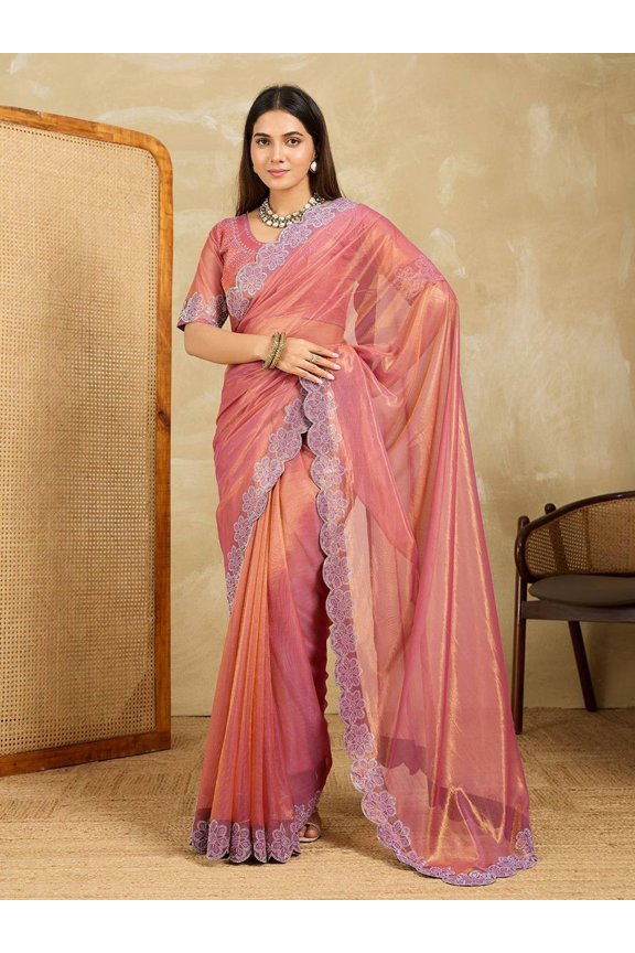 Designer Fendy Soft Net Saree Adorned With Swarovski Embellishments And Beautiful Cutwork Detailing – Baby Pink