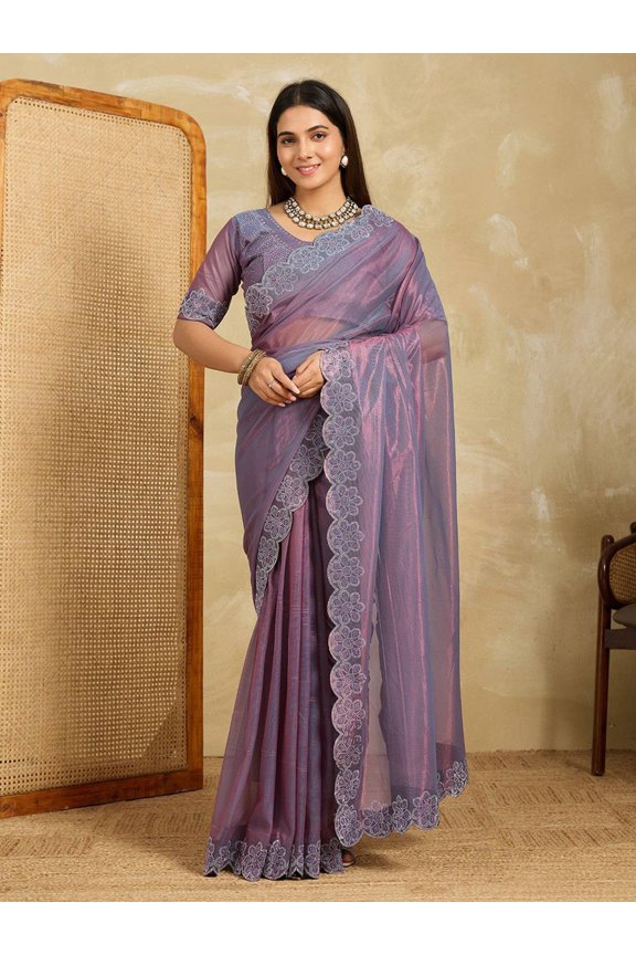Designer Fendy Soft Net Saree Adorned With Swarovski Embellishments And Beautiful Cutwork Detailing – Lavender