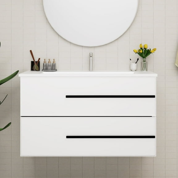 KZElegy 36" Floating Bathroom Vanity with Sink, Fluted Drawers - Modern Wall Mounted Storage Cabinet, Black Handles & Soft-Close Drawers for Small Space Luxury ,White