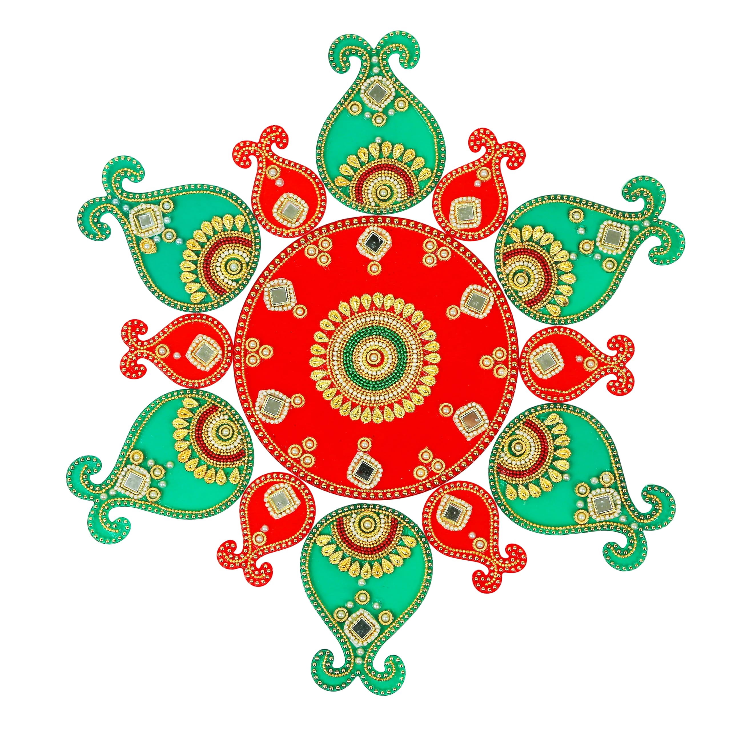 Rangoli Acrylique Réutilisable Rond - Décoration De Sol Traditionnelle Indienne, Diamètre 14 Pouces, Couleurs Rouge, Jaune, Vert - Pour Diwali, Navratri, Mariage, Décoration Intérieure