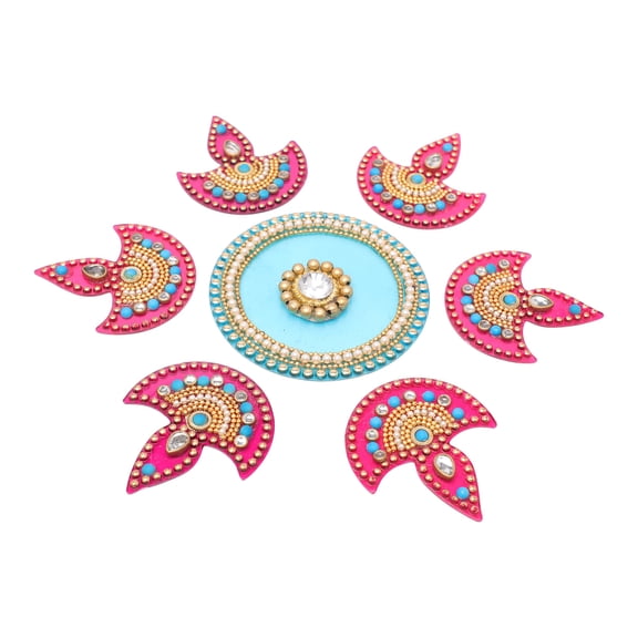 Designer Floor Rangoli Reusable Small Acrylic Rangoli for Home Interior Floor Indian Traditional Festival Decorations Home Decor and New Year Return Gifting Gifts(Size:- 7") (Pink and Blue)