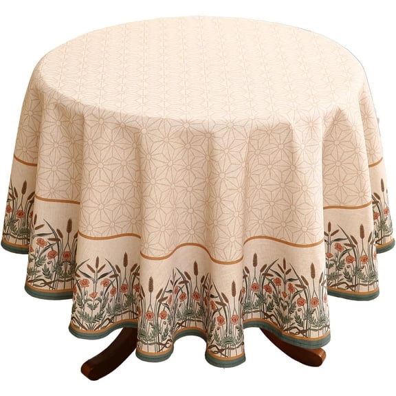 Designer Floral Linen Table Cloth Durable Breathable Tabletop Cover Dacorative Kitchen Dining Tablecloth for Round Tables for Kitchen Dining Parties,Holiday Thanksgiving,Diameter 60"