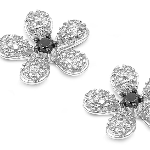 Designer Flower Black Cubic Zirconia Earrings Sterling Silver