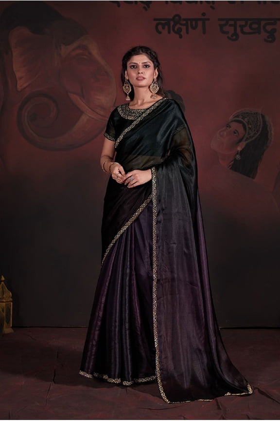 Designer Green Purple Handwork Zarkan Work Satin Saree