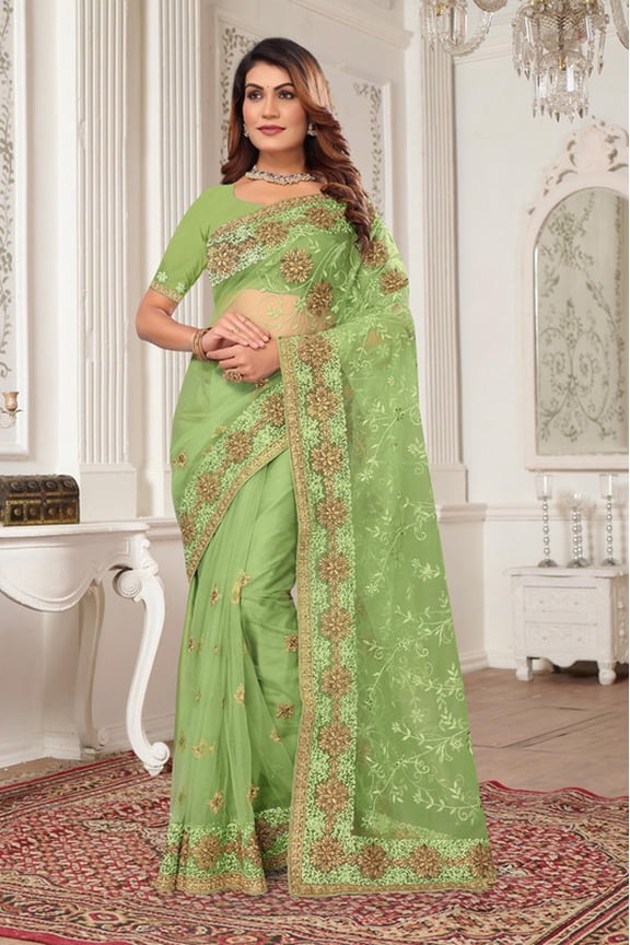 Designer Green Resham Zari Embroidery Net Saree