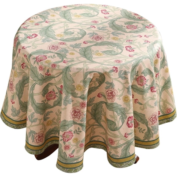 Designer Green Tablecloth for Round Tables,Vintage Linen with Leaves and Flowers Pattern Tablecloths,Farmhouse Floral Table Cover Cloth Decorative for Kitchen Dining Room, Diameter 60"