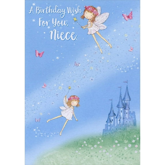 Designer Greetings 2 Flying Faries, Castle and Pink Butterflies Niece Birthday Card