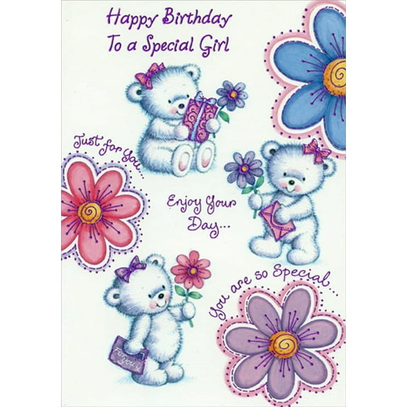 Designer Greetings 3 Bears Holding Flowers, Gift and Letters Juvenile : Kids Birthday Card for Young Girl