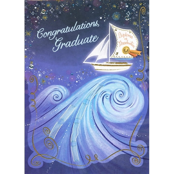 Designer Greetings 3D Die Cut Sailboat : Curling Blue Waves, Ribbons and Sequins Hand Decorated Graduation Congratulations Card