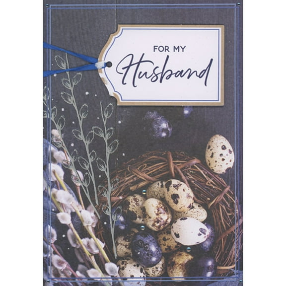 Designer Greetings 3D Die Cut White and Brown Tag with Blue Ribbon and Blue and Silver Sequins Over Basket of Eggs Photo Hand Decorated Easter Card for Husband