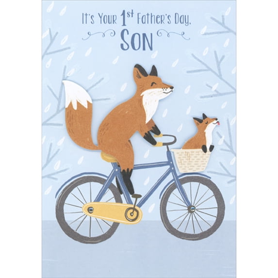 Designer Greetings 3D Fox Riding Bike with 3D Pup and Front Basket Hand Decorated 1st / First Father's Day Card for Son