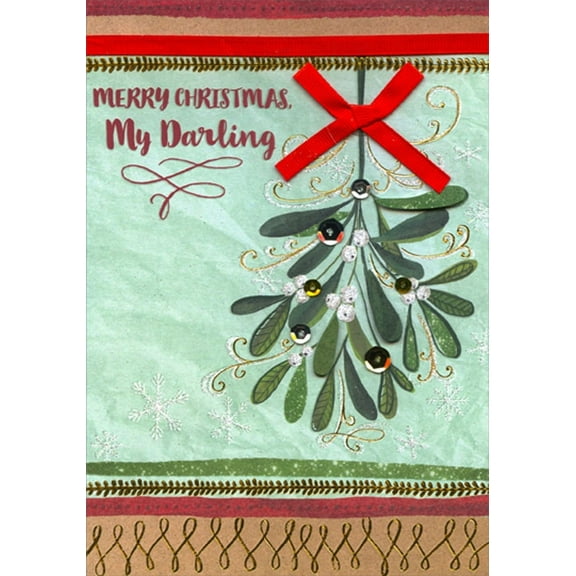Designer Greetings 3D Mistletoe, Red Ribbons and Gold Sequins on Light Blue Hand Decorated Premier Collection Keepsake Christmas Card for My Darling
