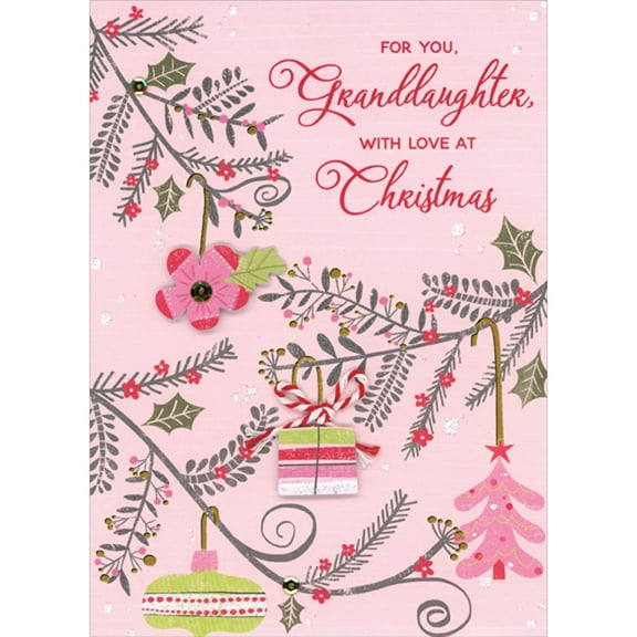 Designer Greetings 3D Pink Flower, Gift with Red and White String, Gold Foil and Sequins Hand Crafted Christmas Card for Granddaughter