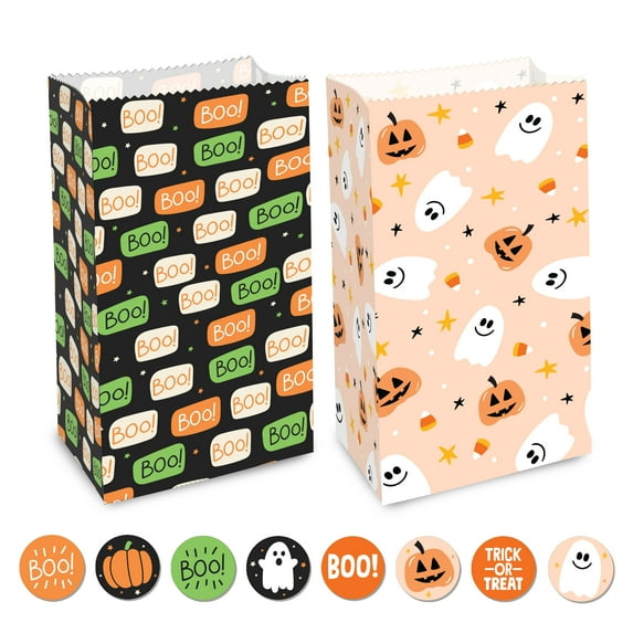 Designer Greetings 50-Pack Halloween Treat Bags with Sticker Seals – Includes 2 Spooky Designs – Ghosts, Pumpkins, and “Boo”