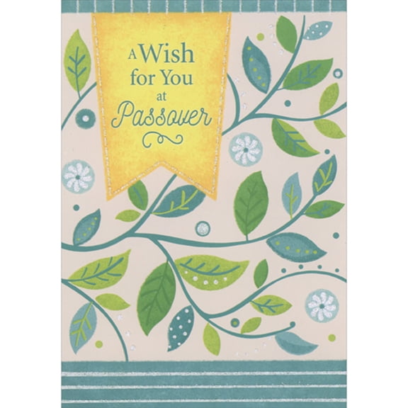 Designer Greetings A Wish for You Yellow Banner: Teal and Green Branches and Leaves Passover Card