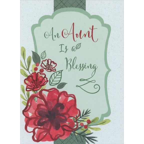 Designer Greetings Abstract Red Flowers Over Mint Banner and Sparkling White Background Religious Christmas Card for Aunt
