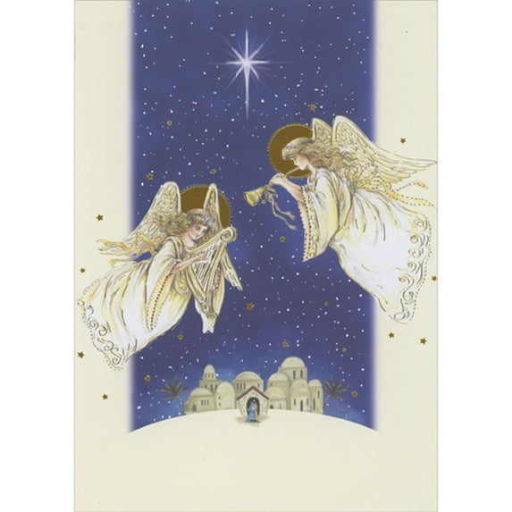 Designer Greetings Angels in Blue Sky Over Bethlehem Box of 14 Religious Christmas Cards