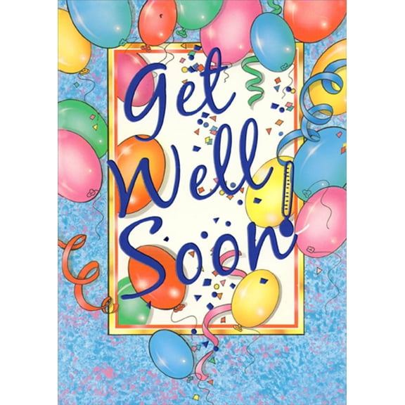 Designer Greetings Balloons, Confetti and Yellow Bordered Frame Get Well Card