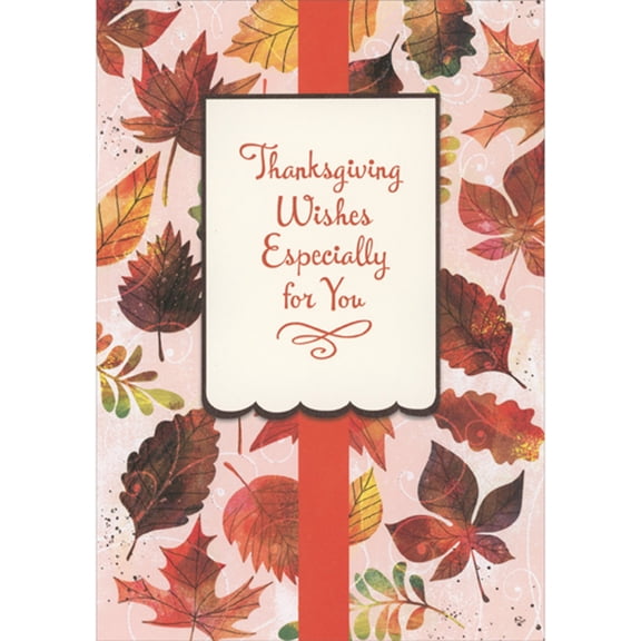 Designer Greetings Banner and Red Vertical Line Over Falling Autumn Leaves on Pink Thanksgiving Card