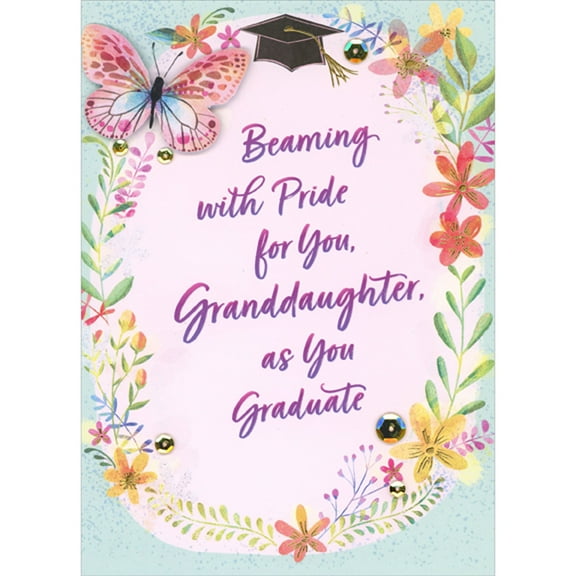 Designer Greetings Beaming with Pride: 3D Pink Butterfly, Sequins and Flowers Hand Decorated Graduation Congratulations Card for Granddaughter