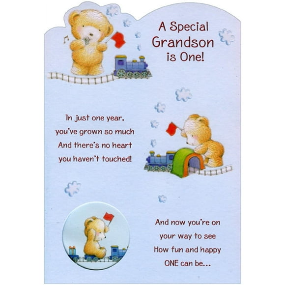 Designer Greetings Bear Playing with Train Die Cut Juvenile 1st / First Birthday Card for Grandson