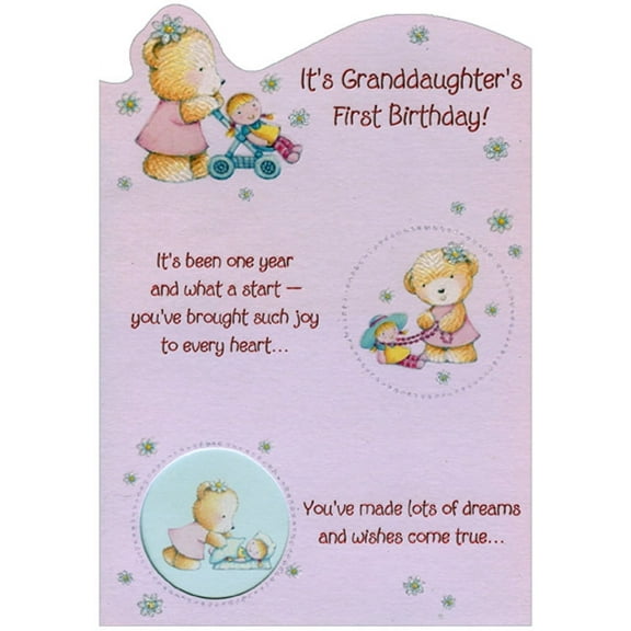 Designer Greetings Bear and Doll: Stroller, Necklace and Bedtime Die Cut Juvenile 1st / First Birthday Card for Granddaughter