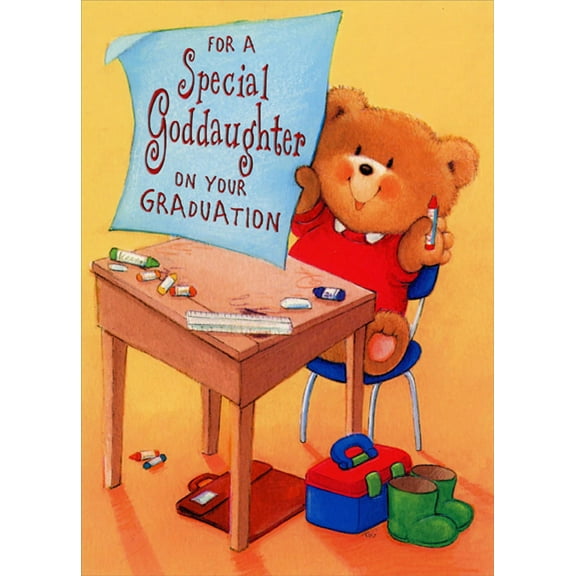 Designer Greetings Bear at Desk Holding Crayon and Showing Artwork Juvenile / Kids Graduation Congratulations Card for Goddaughter