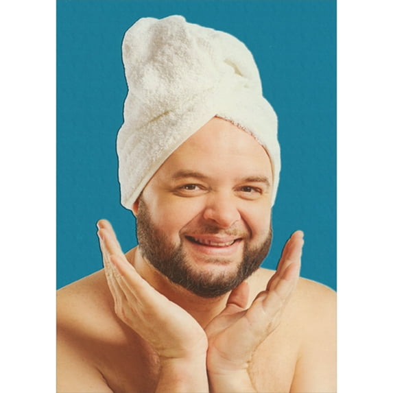 Designer Greetings Bearded Man, Towel on Head on Blue Foil Background Humorous / Funny Father's Day Card