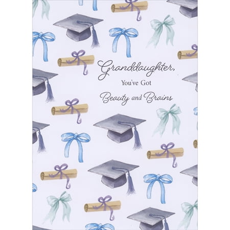 Designer Greetings Beauty and Brains: Repeating Ribbons and Grad Caps High School Graduation Card for Granddaughter