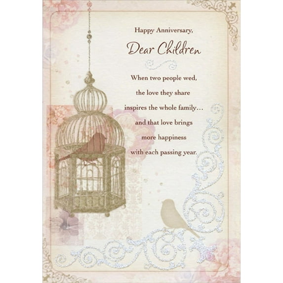 Designer Greetings Bird and Ornate Cage, Bird on Swirling Glitter Vine Wedding Anniversary Congratulations Card for Children