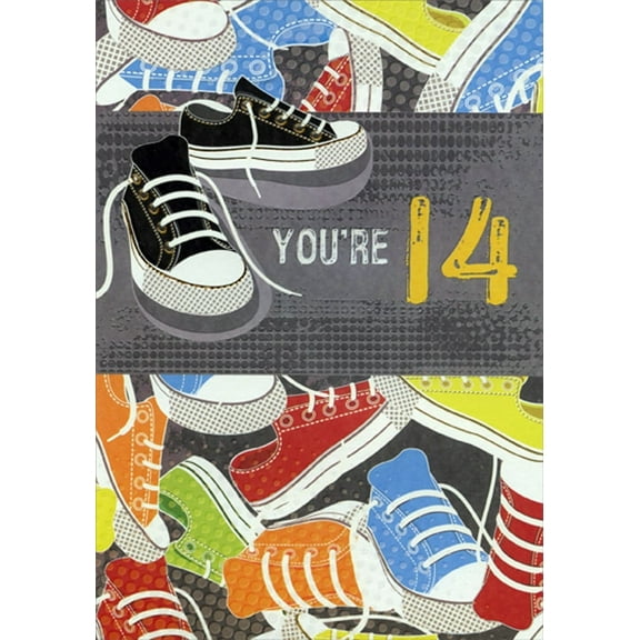 Designer Greetings Black Sneakers with Gold Foil Accents Age 14 / 14th Birthday Card