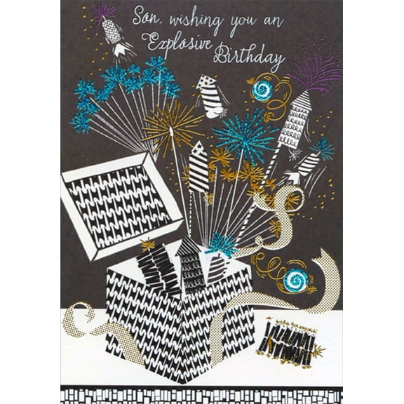 Designer Greetings Black and White Gift Box and Fireworks Birthday Card for Son