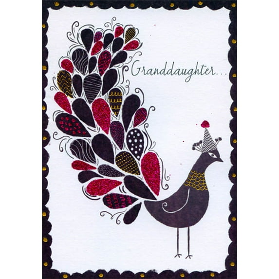 Designer Greetings Black and White Peacock with Sparkling Purple Feathers Birthday Card for Granddaughter