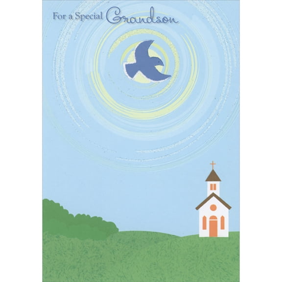 Designer Greetings Blue Bird Inside Concentric Sparkling Circles Flying Above White Church Confirmation Card for Grandson