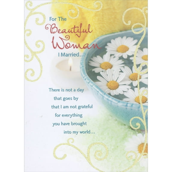 Designer Greetings Blue Bowl Filled with Water and Floating White Daisies: Grateful for Everything Mother's Day Card for Woman I Married : Wife