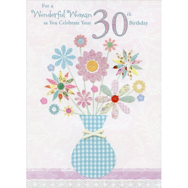 Designer Greetings 30th Birthday Card - Blue Checkered Vase with