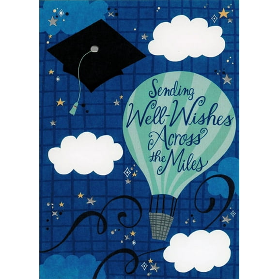 Designer Greetings Blue Hot Air Balloon and Clouds in Dark Blue Sky Across the Miles Graduation Congratulations Card