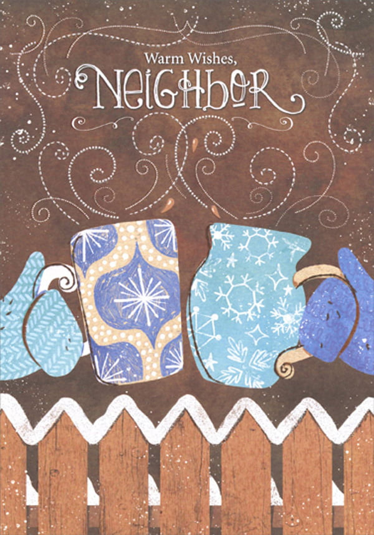 Designer Greetings Blue Mittens Holding Blue Mugs Over Brown Fence Christmas : Holiday : Season's Greetings Card for Neighbor