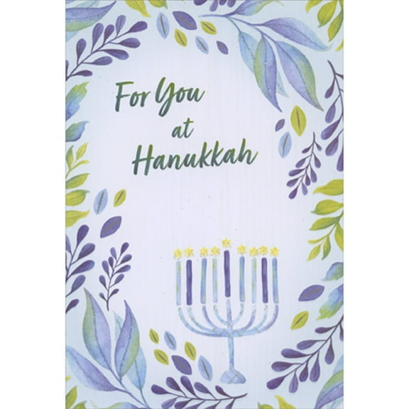Designer Greetings Blue, Purple and Green Leaves Border Around Menorah with Glitter Flames Package of 8 Hanukkah Cards