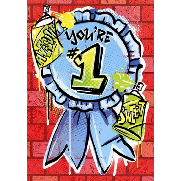 Designer Greetings Blue Ribbon and Spray Paint Accomplishment Congratulations Card for Kids / Children with Stickers