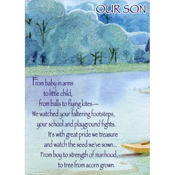 Designer Greetings Blue Trees and Calm Lake Die Cut Z-Fold Birthday Card for Our Son