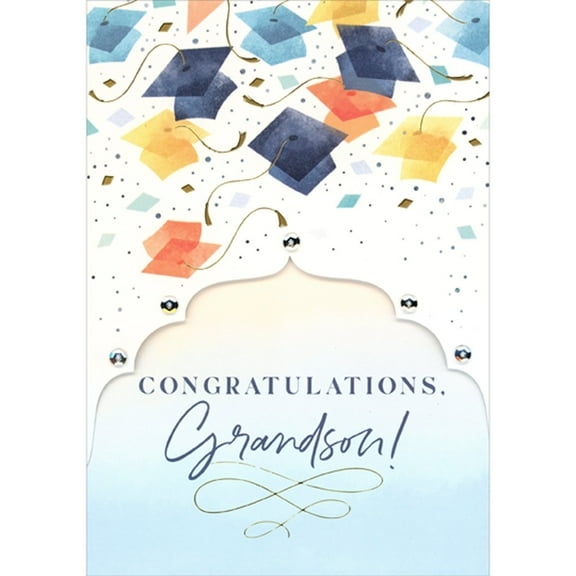 Designer Greetings Blue, Yellow and Red Watercolor Grad Caps and Confetti 3D Banner Hand Decorated Graduation Congratulations Card for Grandson