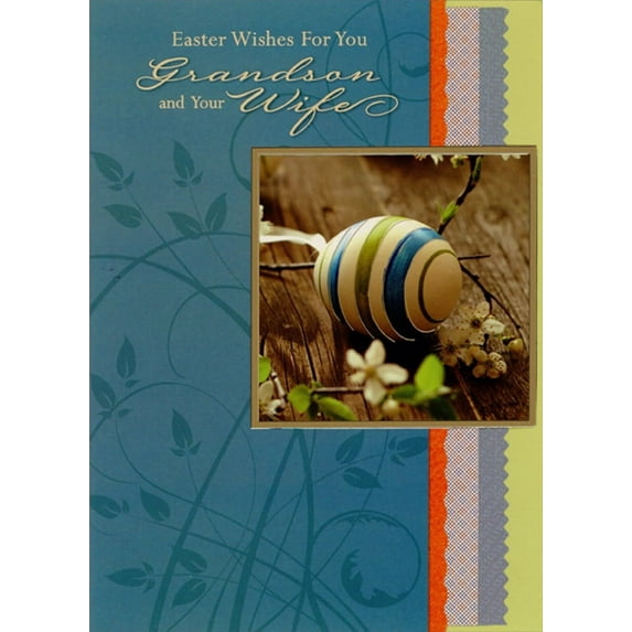 Designer Greetings Blue and Green Striped Egg Photo with Foil Border on Blue Die Cut Grandson and Wife Easter Card