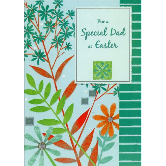 Designer Greetings Blue and Orange Flowers, Tall Stems and Column of Blue Rectangles Dad Easter Card