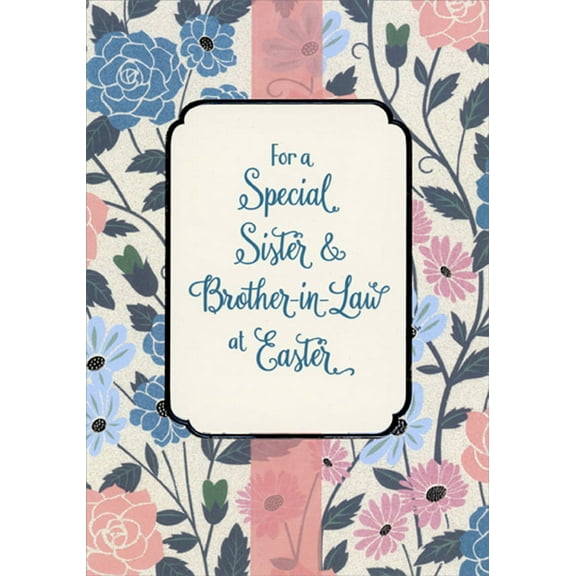 Designer Greetings Blue and Pink Flowers on Sparkling White Background : Pink Vertical Stripe Sister and Brother-in-Law Easter Card