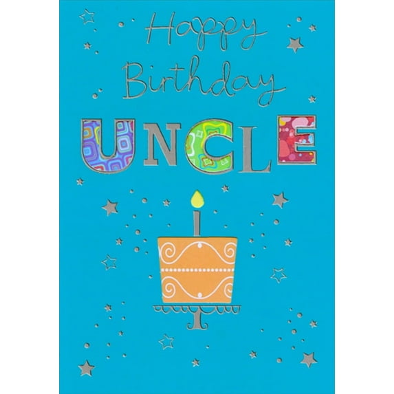 Designer Greetings Blue with Silver Stars and Die Cut Letter and Cake Windows Uncle Birthday Card
