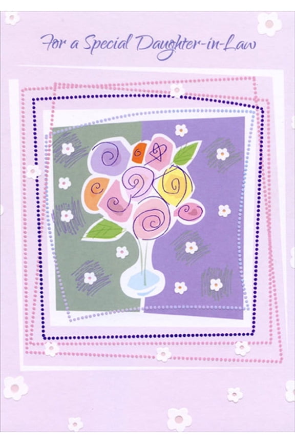 Bouquet in Vase with Dotted Pink and Purple Frames Birthday Card for Daughter-in-Law