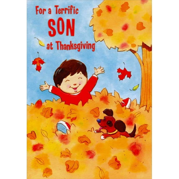 Designer Greetings Boy Playing in Leaves Juvenile Thanksgiving Card for Son